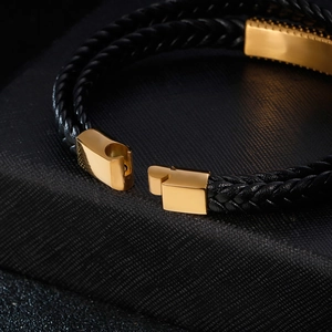 Men's double-layered braided leather bracelet with black and gold magnetic buckle