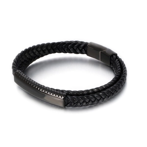 Men's minimalist double-layer woven black leather bracelet with magnetic metal clasp
