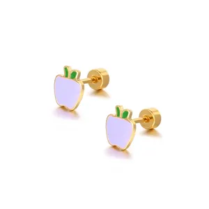 Apple Stud Earrings Gold Plated Stainless Steel Enamel Cute Fruit Mini Jewelry With Ball Screw Back For Women Kids