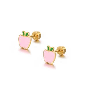Cute pink and green enamel apple stud earrings with gold titanium steel screw backs