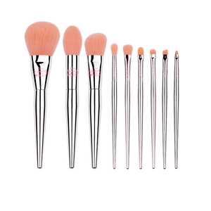 Set of 9 professional makeup brushes with silver metal handles and peach pink bristles