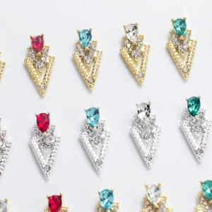 3D alloy nail art charms with V-shape arrow design and colorful teardrop rhinestones