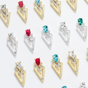 3D alloy nail art charms with colorful teardrop gems in gold and silver metal finish