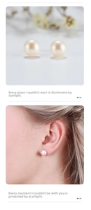 Detailed close-up and model wearing elegant white freshwater pearl stud earrings