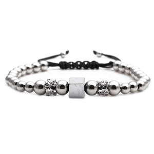 Unisex Cubic Copper Bead Braided Bracelet Micro Zircon Crown Accents Adjustable Cord