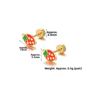 Detailed view of small strawberry stud earrings with red enamel and screw-back closure