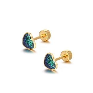 Golden heart-shaped screw-back studs with sparkling blue-green resin inlay