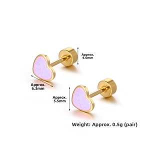 Macro detail of purple heart stud earrings showing 6.3mm size and 0.5g weight specs