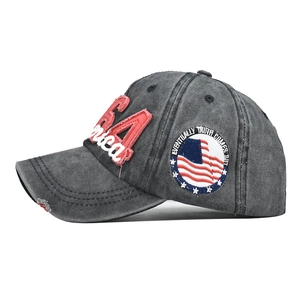 Vintage washed charcoal cotton baseball cap with red USA embroidery and flag patch