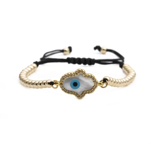 Adjustable black cord Hamsa Evil Eye bracelet with gold beads and micro-set cubic zirconia