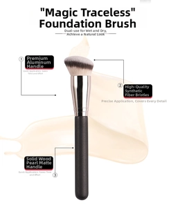 Detail of angled foundation brush with premium synthetic bristles and matte wood handle