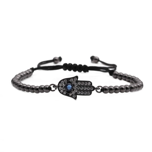 Hamsa Hand evil eye bracelet with cubic zirconia and gunmetal beads on adjustable cord