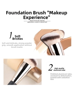 Detail of soft dual-color synthetic fibers and polished aluminum ferrule on a foundation brush