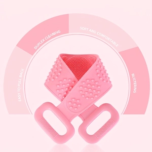 Pink double-sided silicone back scrubber with handles for deep skin cleaning and massage