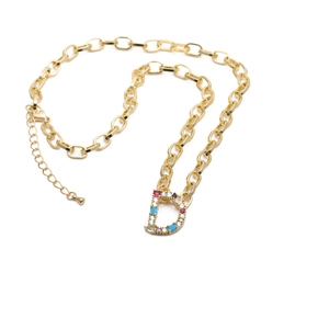 Hip hop gold letter D necklace with micro-pasted colorful cubic zirconia stones