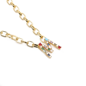Gold chain necklace with letter M pendant inlaid with colorful micro zircon stones
