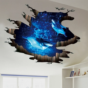 Detailed 3D broken wall decal featuring blue dolphins and starry ocean scenery