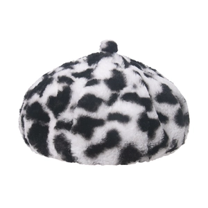 Fuzzy beret hat with cow pattern and leopard print, autumn winter plush pumpkin cap