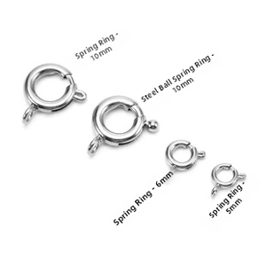 Polished 316L stainless steel spring ring clasps in 5mm, 6mm and 10mm sizes for jewelry