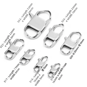 Size chart showing 316L stainless steel jewelry clasps in seven different dimensions