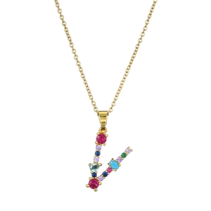 Macro shot of gold V pendant necklace inlaid with multi-color rainbow gemstones