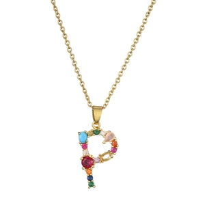 Detail of letter P necklace featuring colorful gemstones and a gold-plated chain