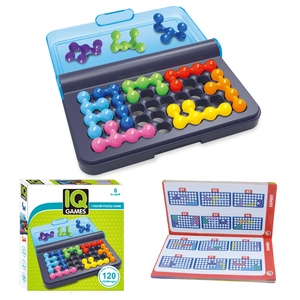 Kids logic puzzle game with 120 challenges and colorful 3D interlocking pieces on grey base