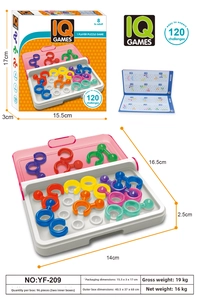Detailed macro view of IQ GAMES logic puzzle set with multi-colored rings and challenges