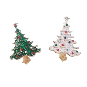Christmas tree brooches in green and white enamel with rhinestones for holiday gifts