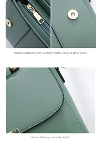 Detail of green leather handbag showing gold zipper, magnetic snap, and precise stitching