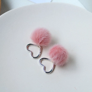 Pink plush heart earrings with soft pompom charms for creative DIY handmade jewelry
