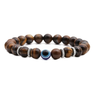 8mm tiger eye bead bracelet featuring a blue evil eye charm and silver spacers