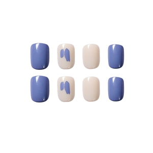 Short square lavender and cream press-on nails with abstract blue graffiti glossy finish
