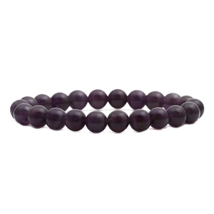 Deep purple polished amethyst gemstone bead bracelet with 8mm round stones on white background