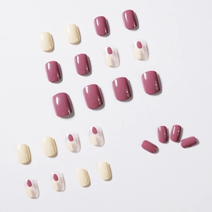 Short square purple and beige press-on nails with minimalist graffiti art designs