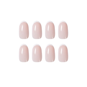 Glossy nude pink French tip press-on nails in oval shape with white tips on white background