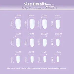 Size guide for French nude press-on nails with 12 dimensions and 24 pieces included