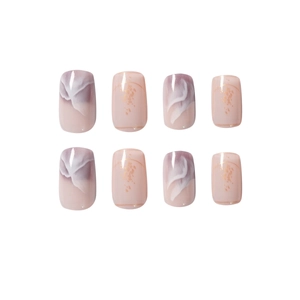 Short square press-on nails set with purple marble ink wash and gold foil accents