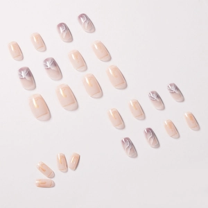 Short square purple marble and nude pink press-on nails with gold foil accents