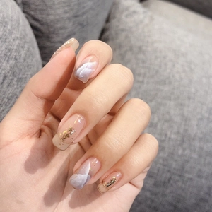 Press On Nails Marble Smudged Pattern Gold Foil Decoration Squoval Shape Waterproof Detachable Elegant Artificial Nails