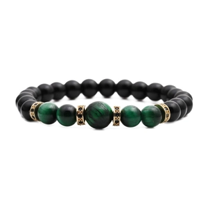 Green tiger eye and black lava stone beaded bracelet with gold zircon spacer bead
