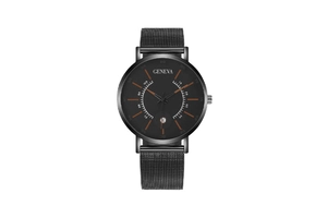 Detail of minimalist Geneva men's watch featuring black mesh band and date window