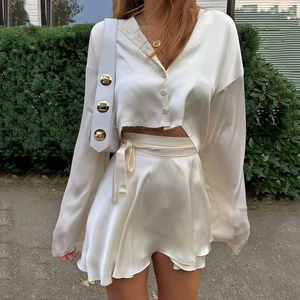 Ensemble Satin Femme Haut Court Cardigan Manches Longues Et Mini Jupe À Lacets Élégant Sexy Street Style