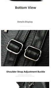 Close-up of silver metal shoulder strap adjustment buckles on black lychee grain leather