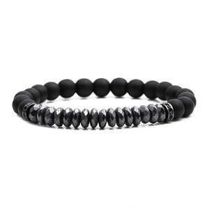 Matte Black Frosted Stone And Faceted Hematite Beaded Bracelet With Rhinestone Alloy Spacers For Men Women