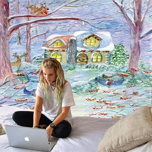 Detail of oil painting style winter forest Christmas tapestry showing cozy snow cabin and reindeer