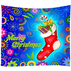 Christmas wall tapestry with red stocking and Merry Christmas text on blue background