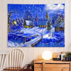 Winter snow landscape wall tapestry with cozy cabin and yellow bird on dark blue sky