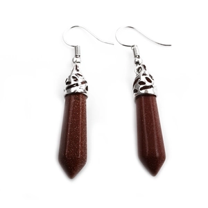 Brown goldstone hexagonal prism drop earrings with silver filigree caps and ear hooks