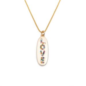 Gold necklace featuring an oval pendant with multi-color zircon LOVE letters on white background